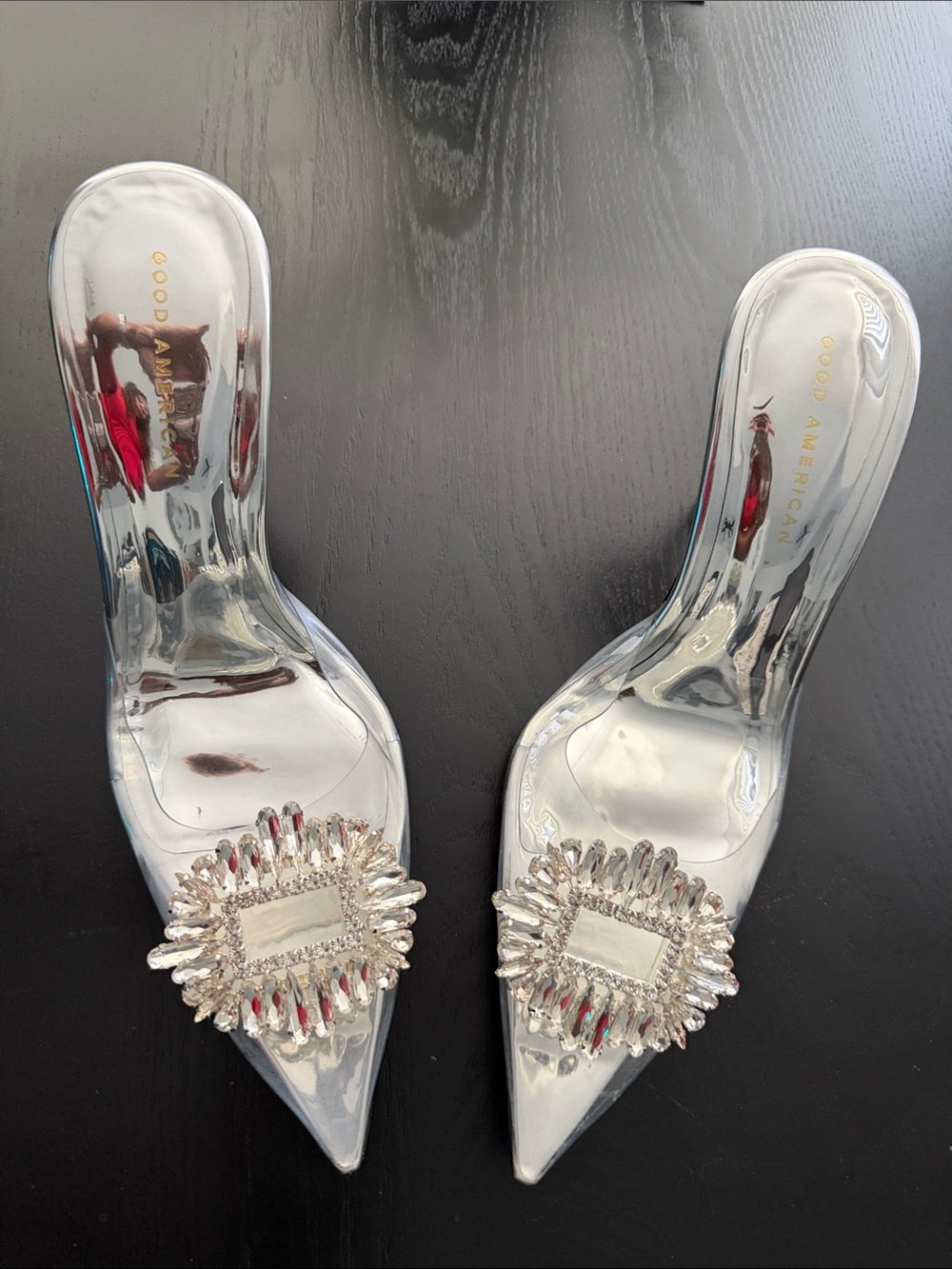 Good American Silver Crystal-Embellished Pointed Heels